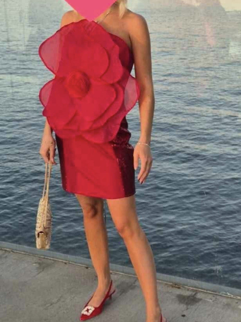Strapless Red Floral Applique Mini Dress